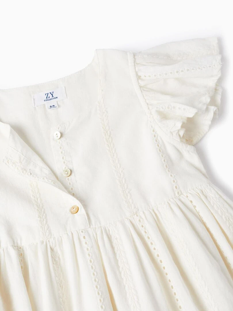 Robe En Coton Avec Broderies Pour Fille manches courtes   Blanc