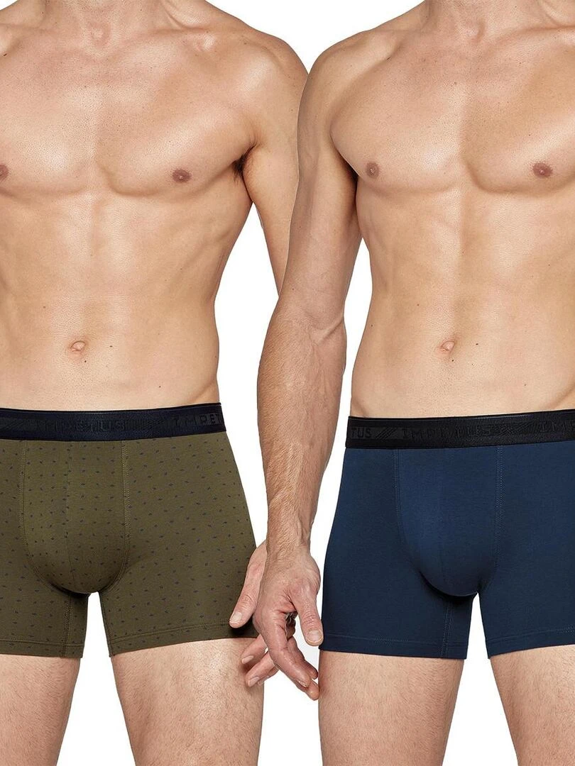 Pack 2 boxers uni et imprimé ceinture plate en coton Azurite Vert