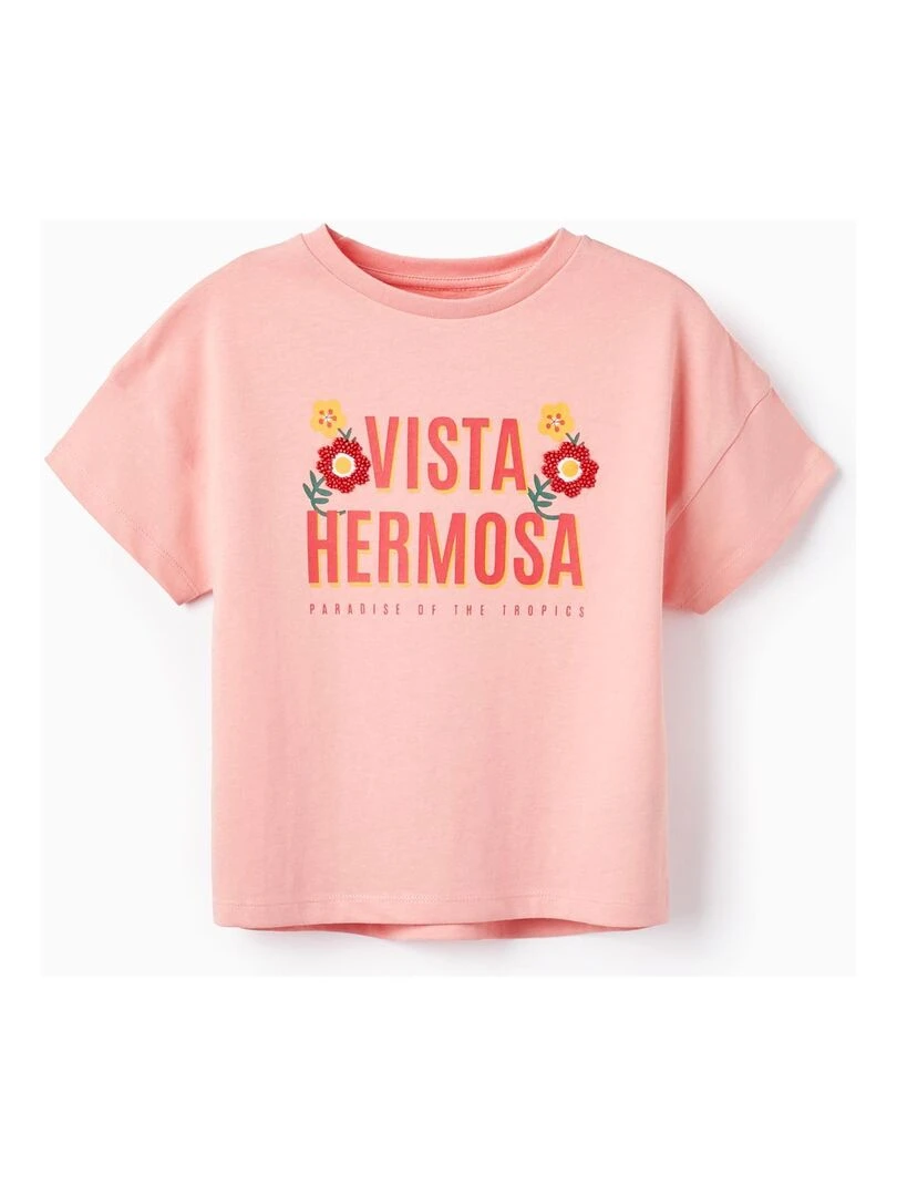 T Shirt en Coton avec Perles Fille 'Vista Hermosa' manches courtes CUBA Rose