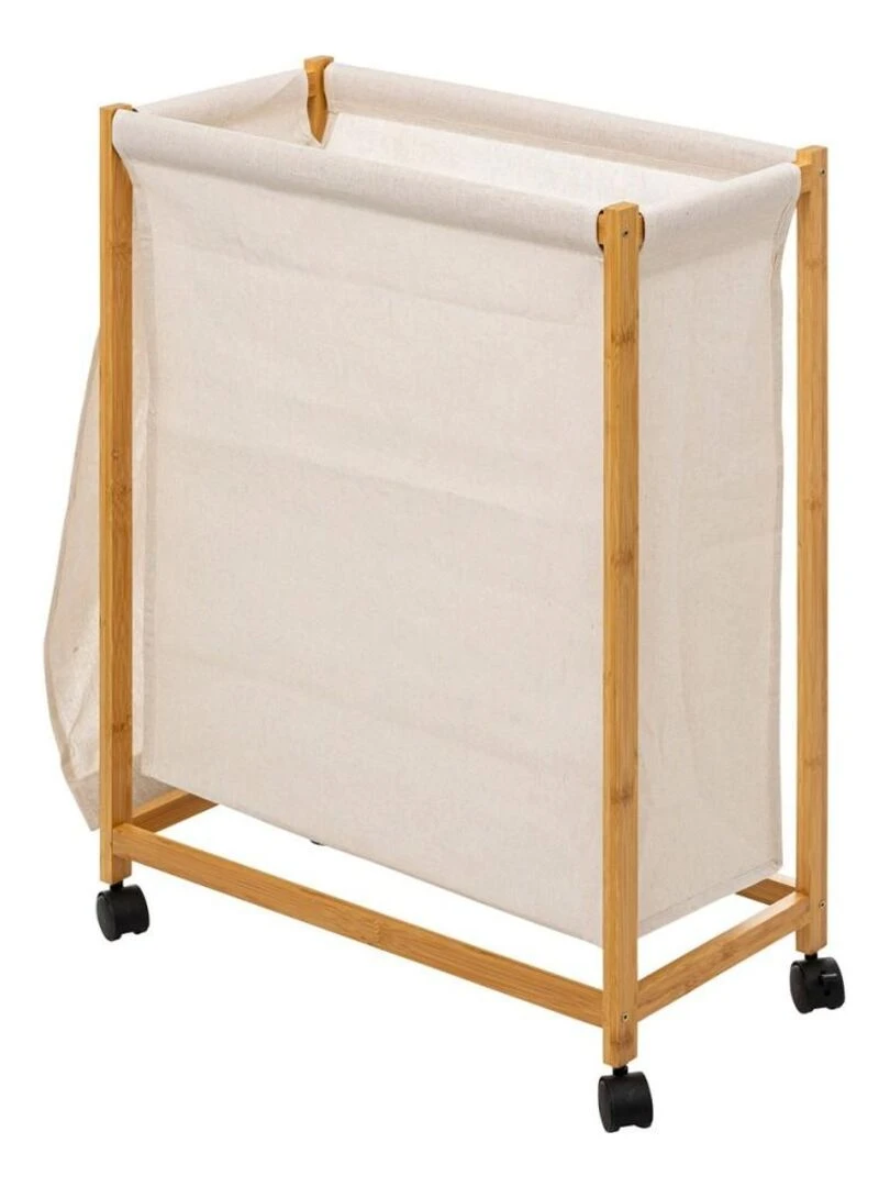 Panier à linge 52L sur roulettes bambou Beige