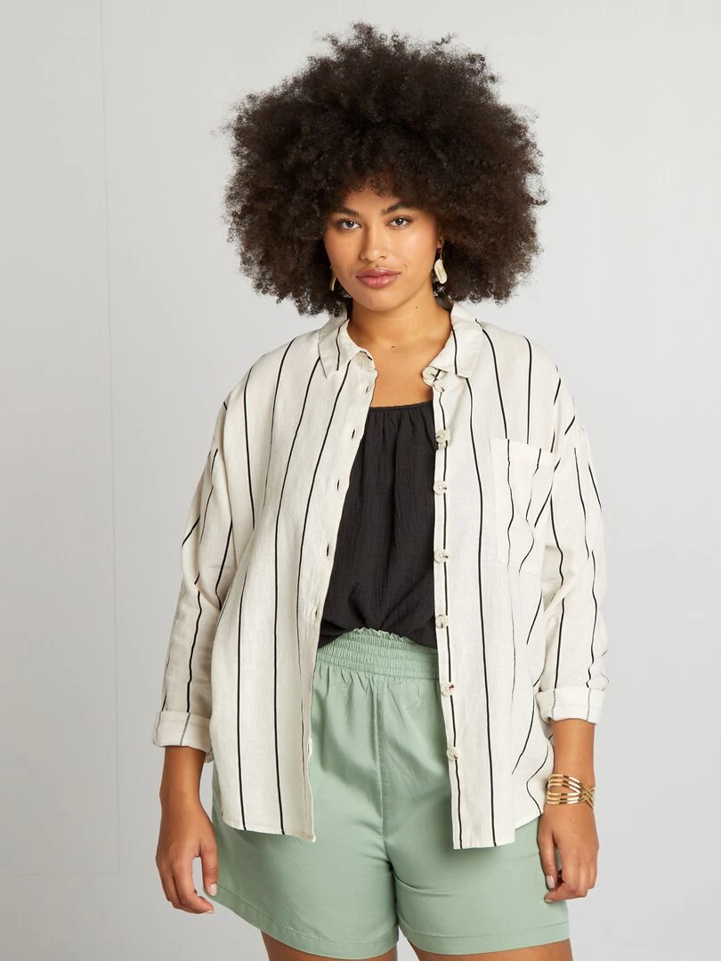 Chemise rayée en lin mélangé Beige