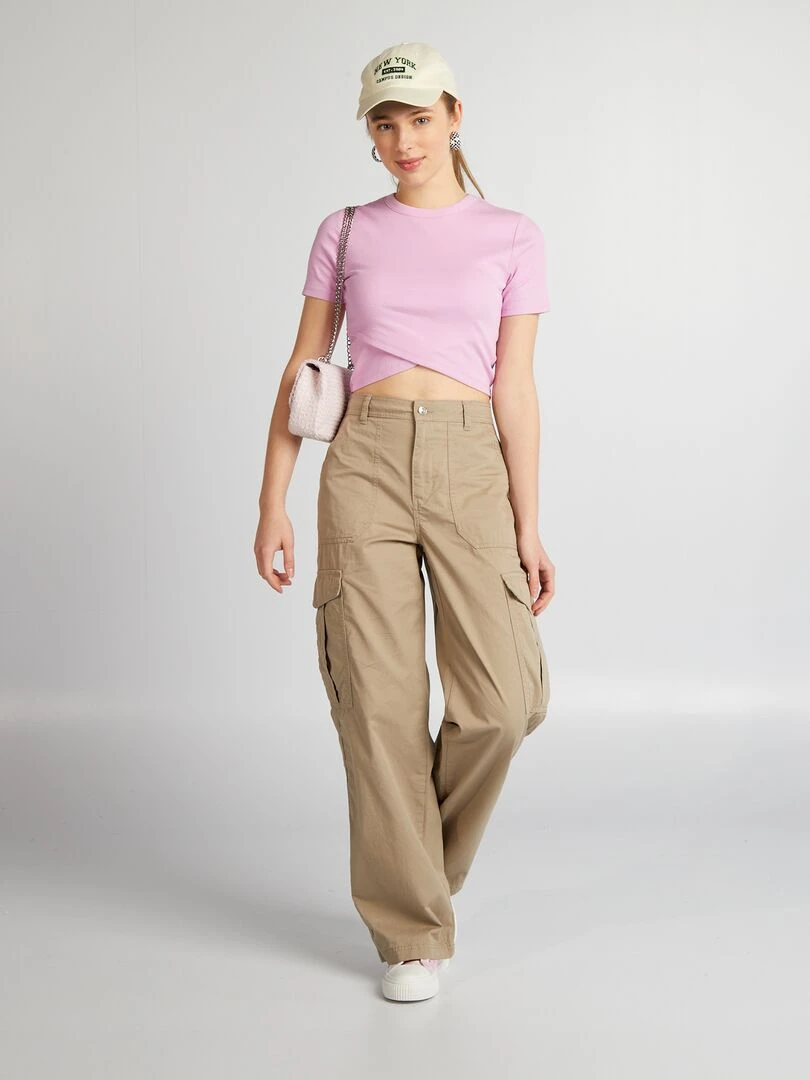 Tee shirt crop top côtelé Rose