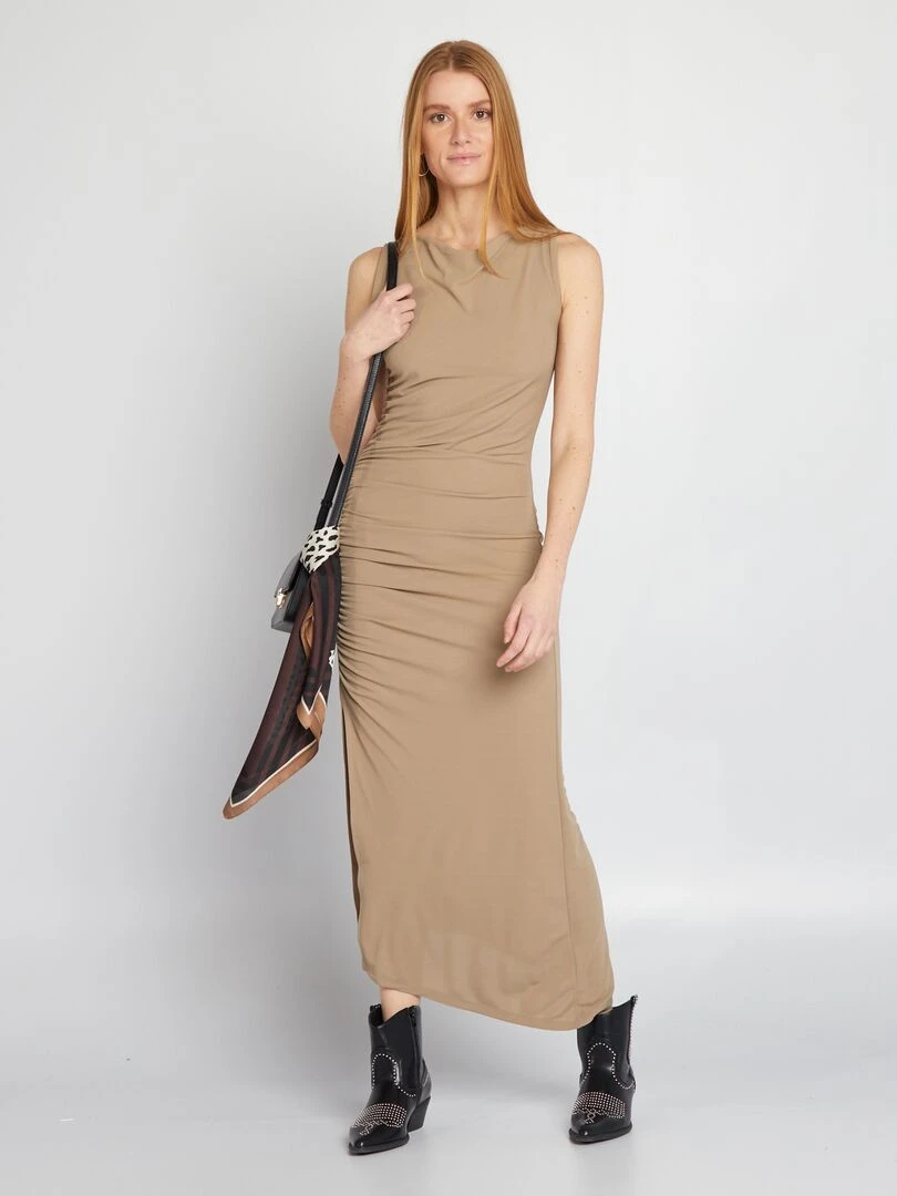 Robe drapée à col bénitier Beige