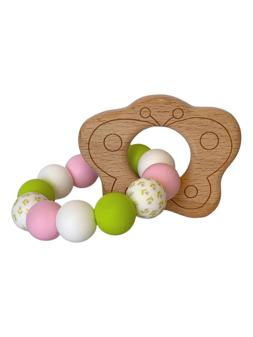 Hochet papillon bois et silicone Rose clair