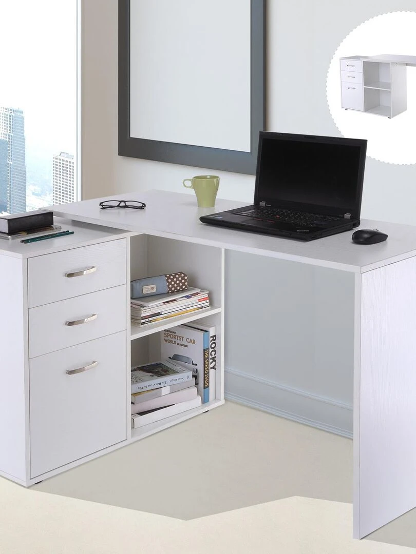 Bureau d'angle bureau droit modulable 2 en 1 blanc Blanc