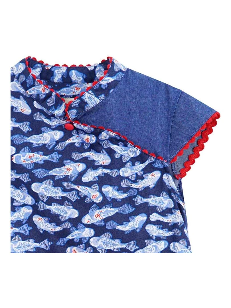 Robe Chinoise Fille  Poisson Koï Bleu  col Mao  ANNAM   'LA FAUTE A VOLTAIRE'   Bleu