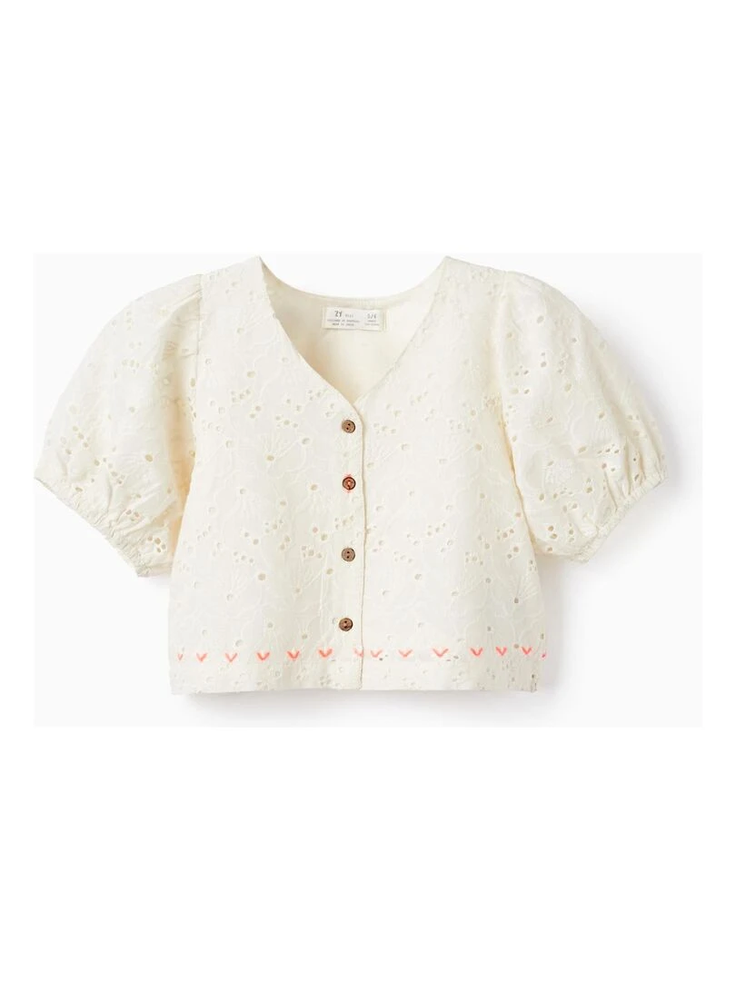 Top Blouse En Coton Avec Broderie Anglaise Pour Fille manches courtes Blanc