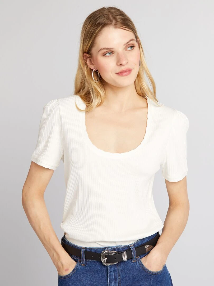 T shirt côtelé à col plongeant blanc