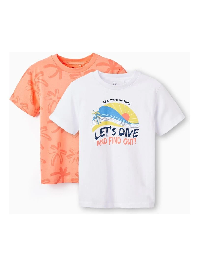 2 T shirts en Coton pour Garçon 'Sunset' manches courtes Blanc