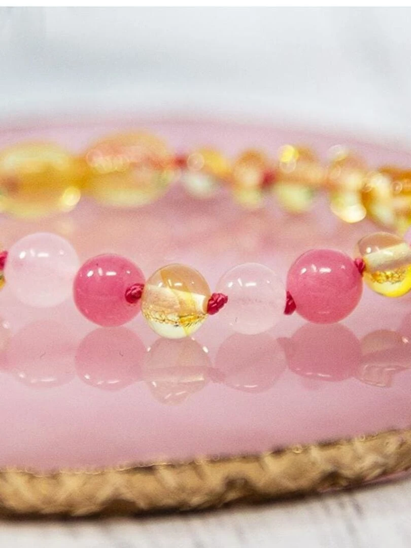 Bracelet bébé   Ambre et pierres naturelles   Ambre Lemon / Quartz rose / Calcédoine   Rose