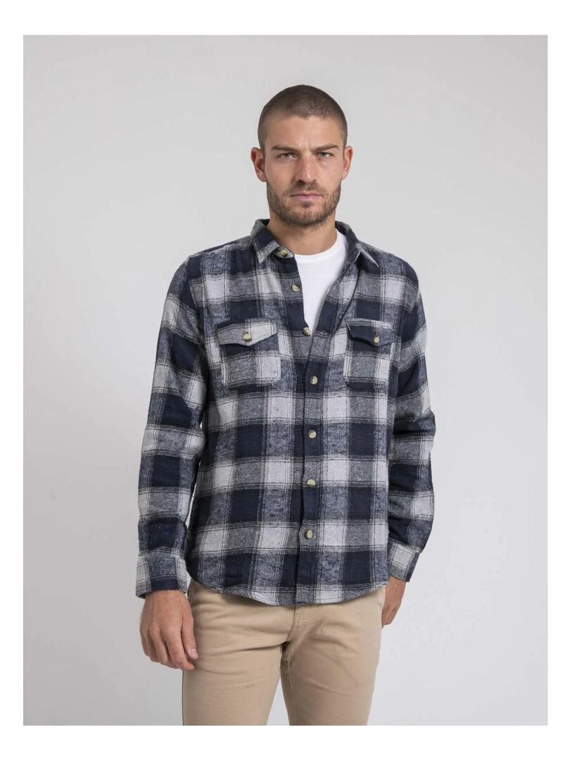 Chemise manches longues carreaux pur coton flanelle TELOROK Bleu marine