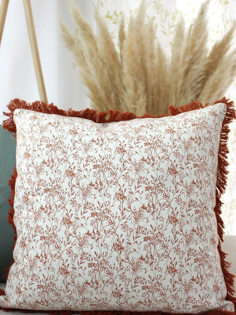 Coussin fleuri à franges   Rouge cerise