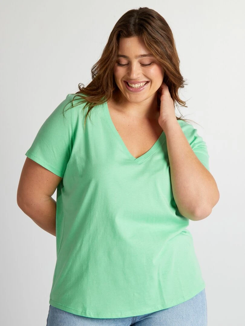 T shirt en jersey à col V   Vert menthe