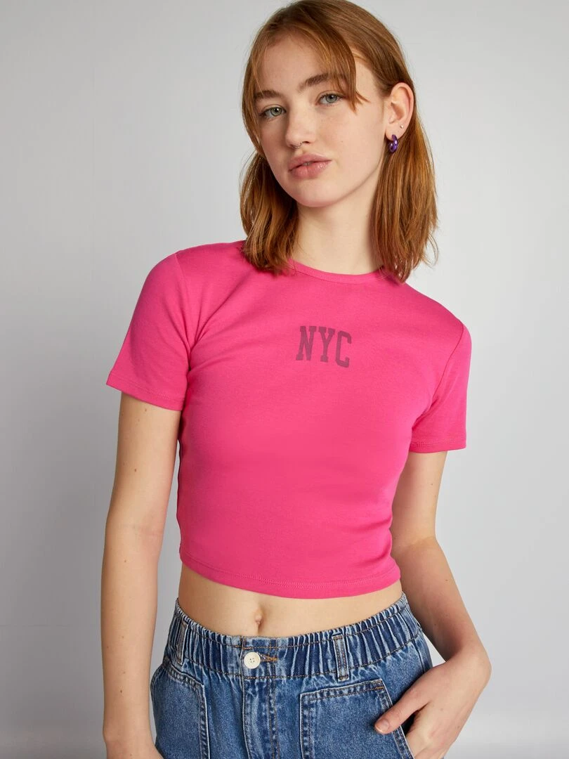 Crop top en jersey avec imprimé 'NYC' Rose