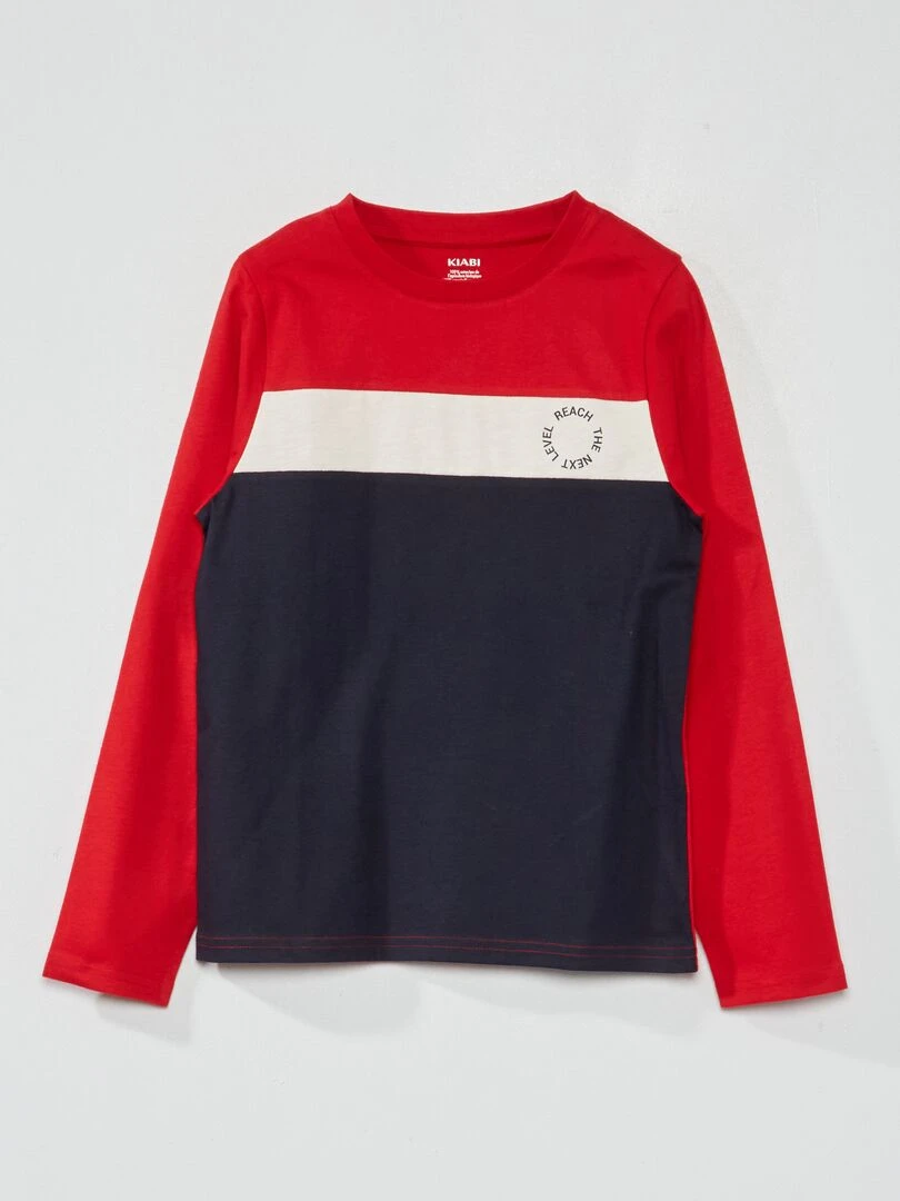 Tee shirt color block à manches longues Rouge