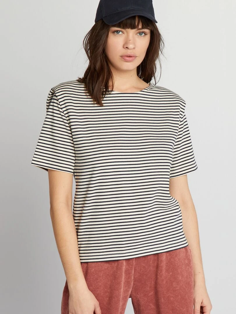 Tee shirt rayé avec épaulettes Noir