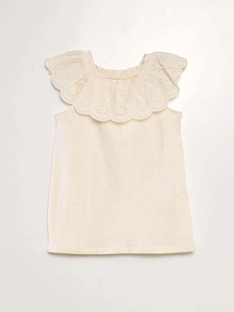 T shirt sans manches avec col brodé Ecru