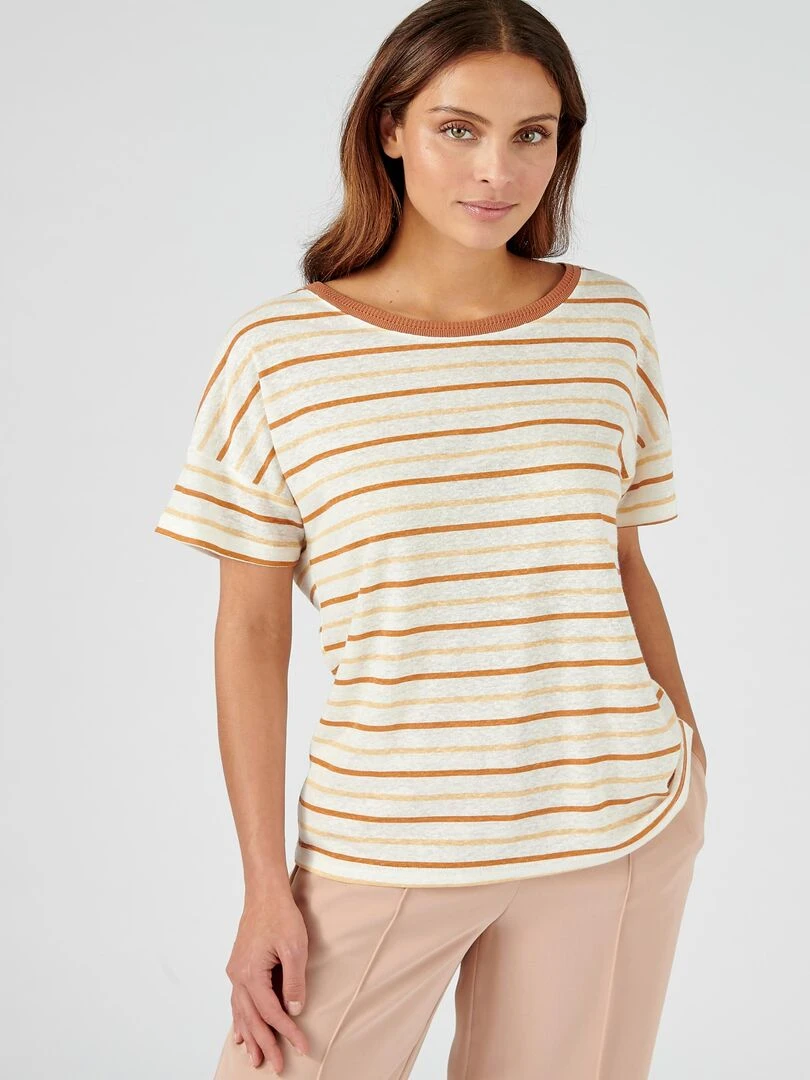Tee shirt à rayures en lin majoritaire. Damart Beige