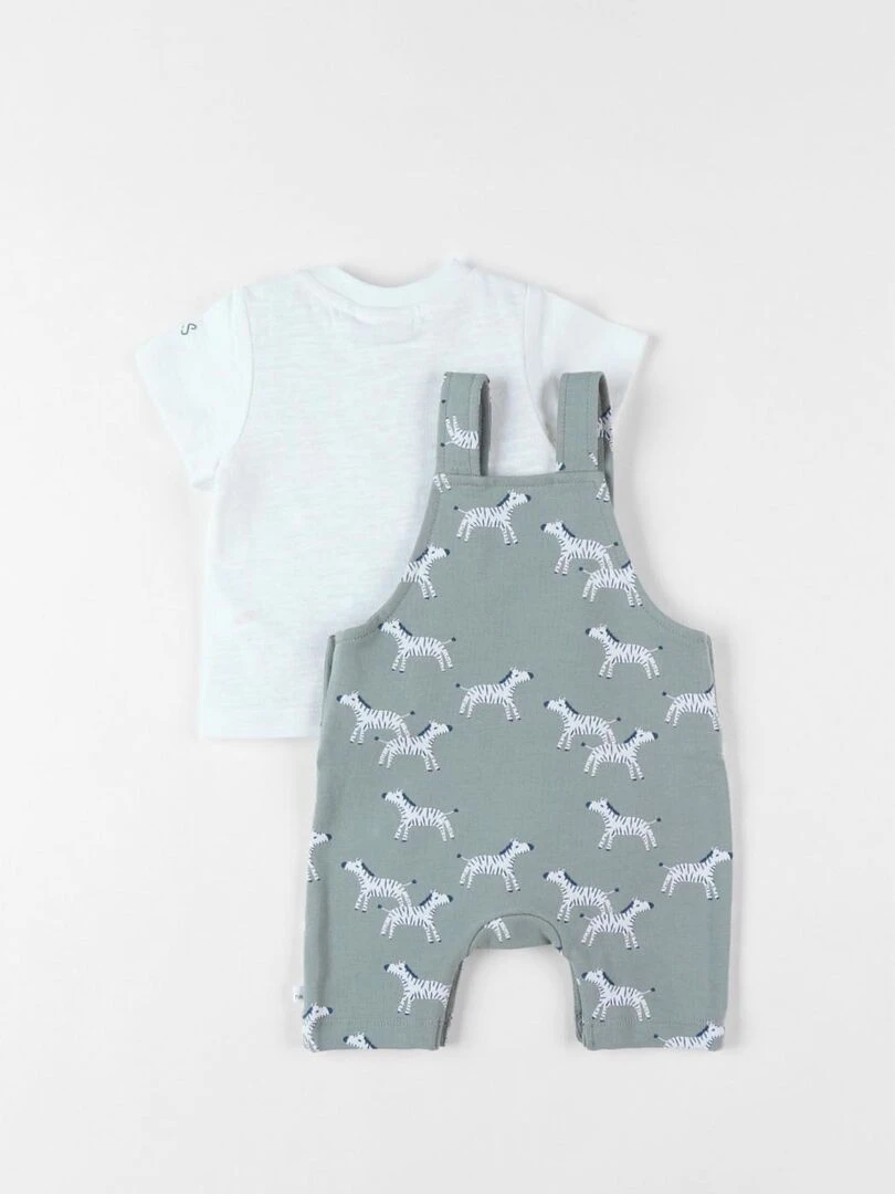 Set salopette zèbres + t shirt écru/eucalyptus Noukie's Vert