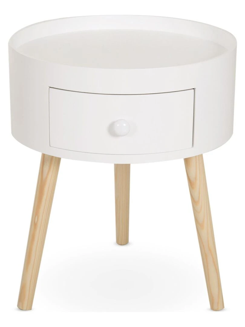 Chevet table de nuit ronde 1 tiroir design scandinave bicolore Blanc