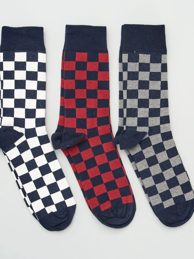 Lot de 3 paires de chaussettes imprimé 'damier' Blanc/gris/rouge