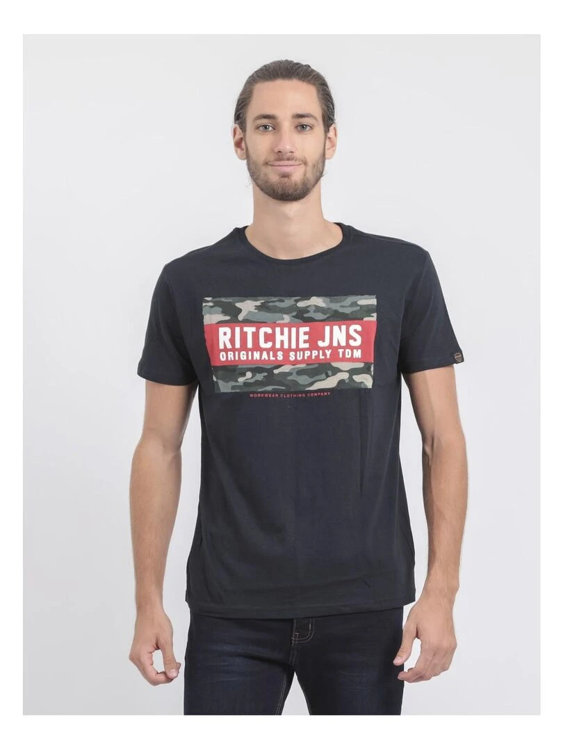 T shirt col rond pur coton JARDIN Bleu marine