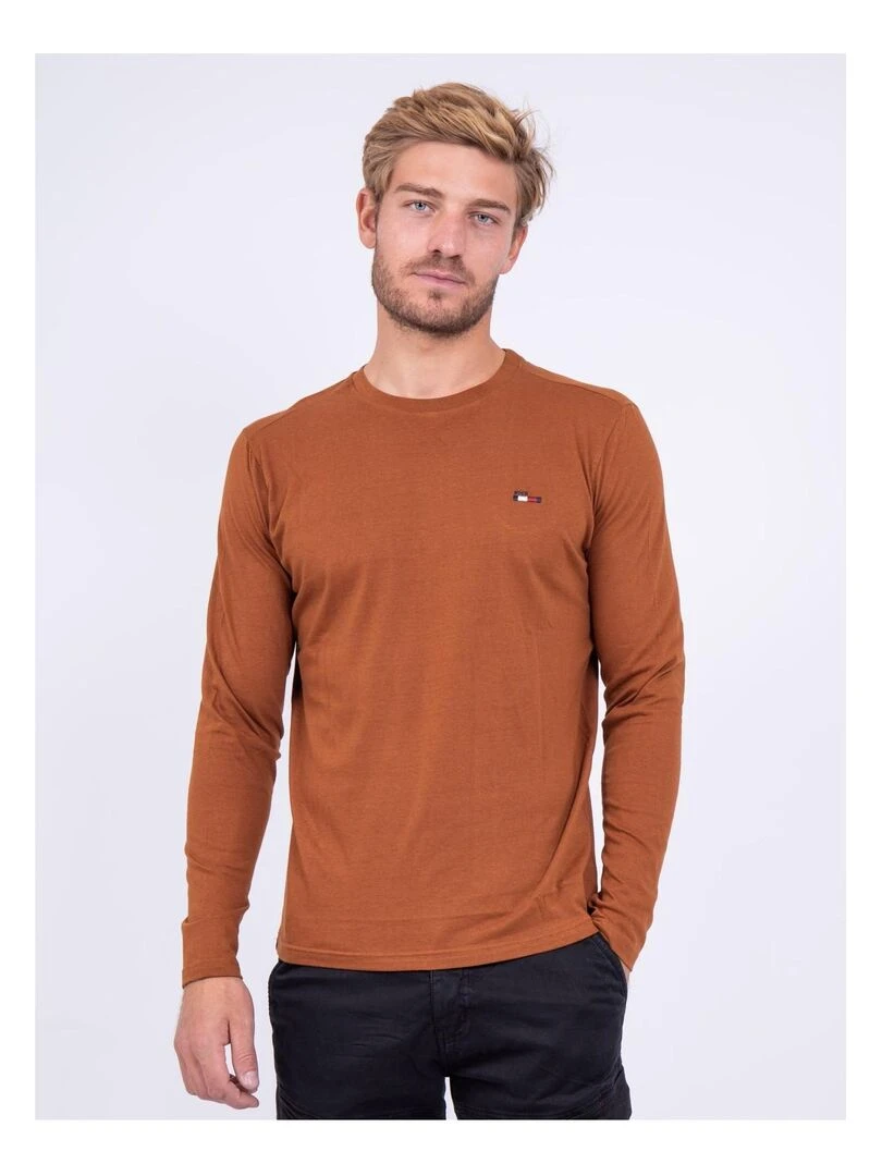 T shirt manches longues col rond pur coton JARYZO Marron