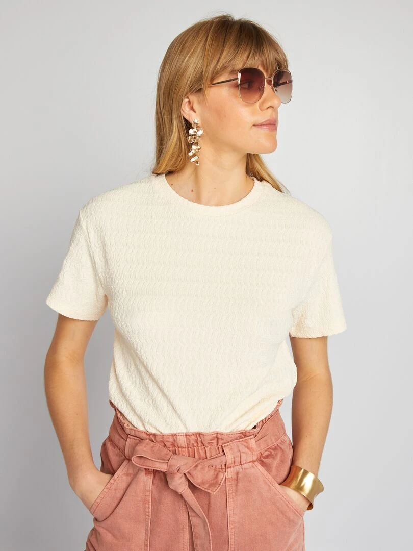 T shirt stretch en mailel gaufrée Beige crème