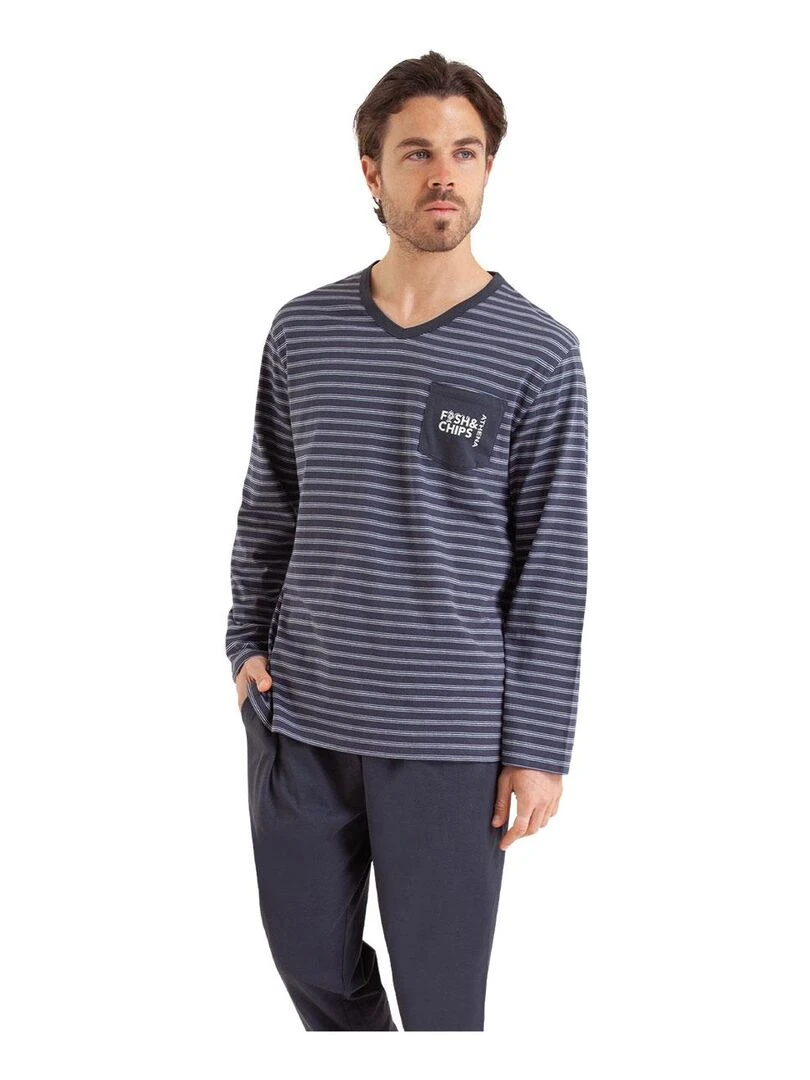 Pyjama long homme Rayures Fish & Chips Blanc Gris anthracite