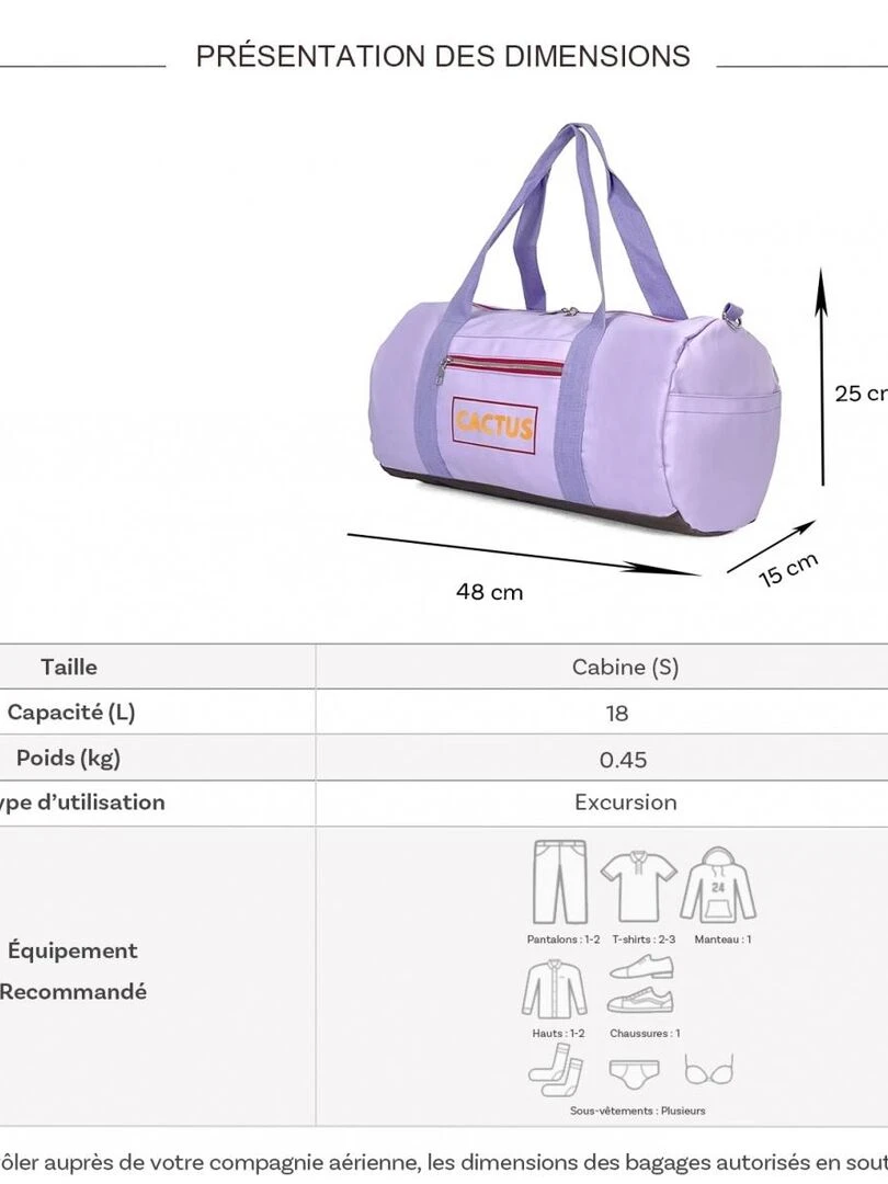 Sac de voyage week end 18L et sport sans roulettes Violet