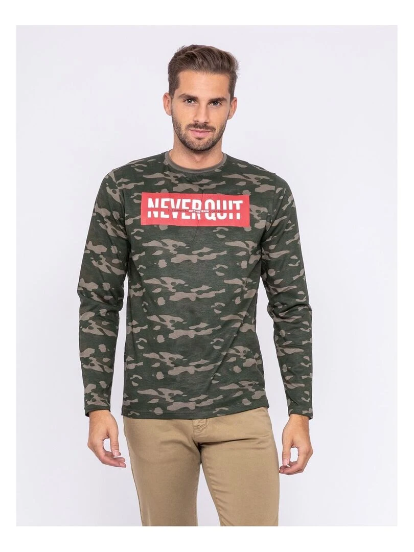 T shirt manches longues col rond pur coton JESTIN Kaki