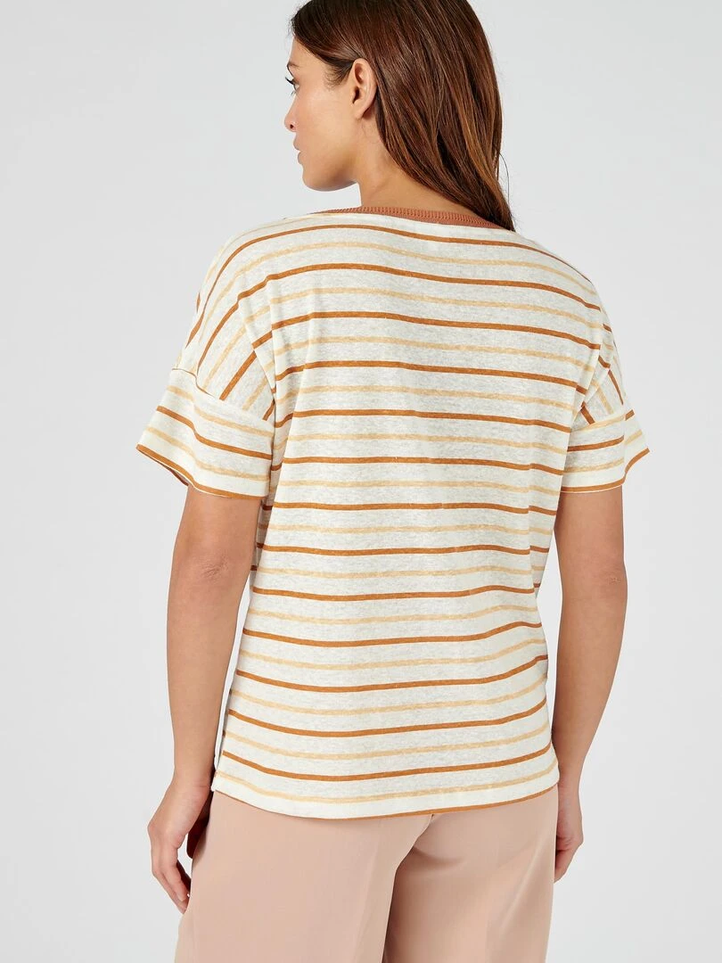 Tee shirt à rayures en lin majoritaire.   Damart   Beige