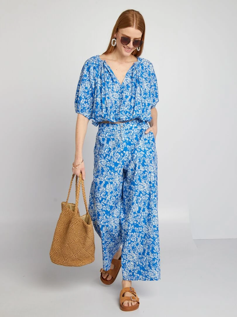 Blouse crop top à manches ballons Bleu