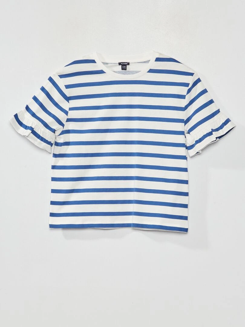 T shirt rayé à manches volantées Bleu
