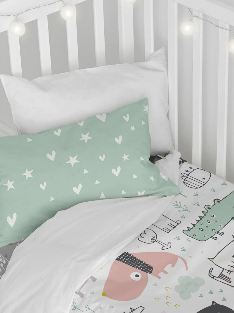 Parure housse de couette 2 pièces Best buddies Berceau "Happyfriday" Blanc Vert