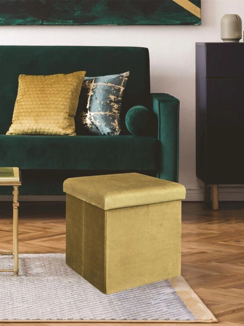 Pouf pliable coffre de rangement velours côtelé   Jaune