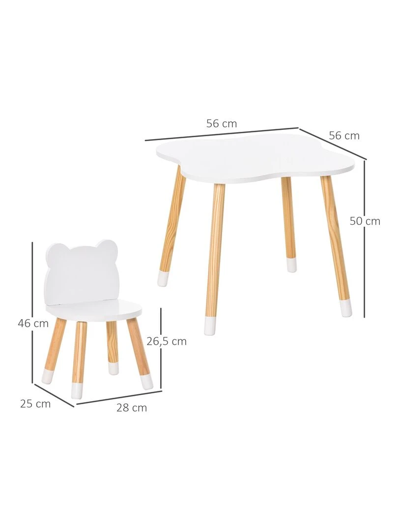 Ensemble table et chaises enfant design scandinave motif ourson blanc bois pin   Blanc