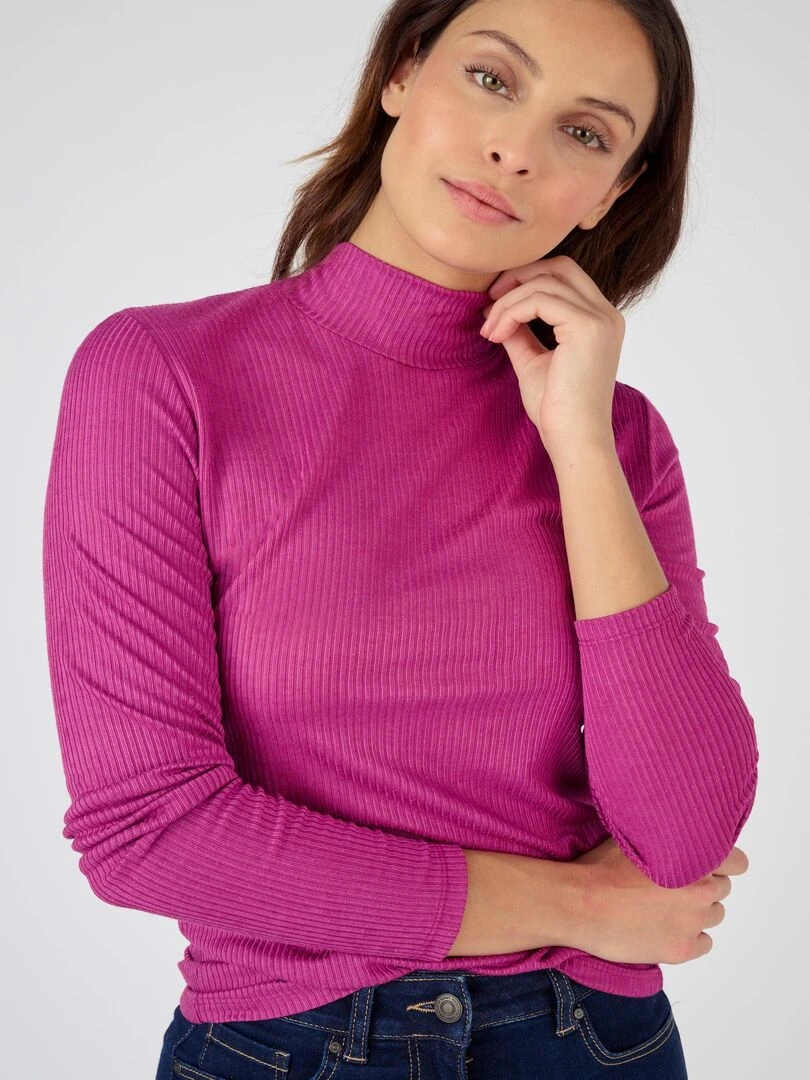 Sous pull col montant maille côtelée Thermolactyl et soie Damart Rose framboise