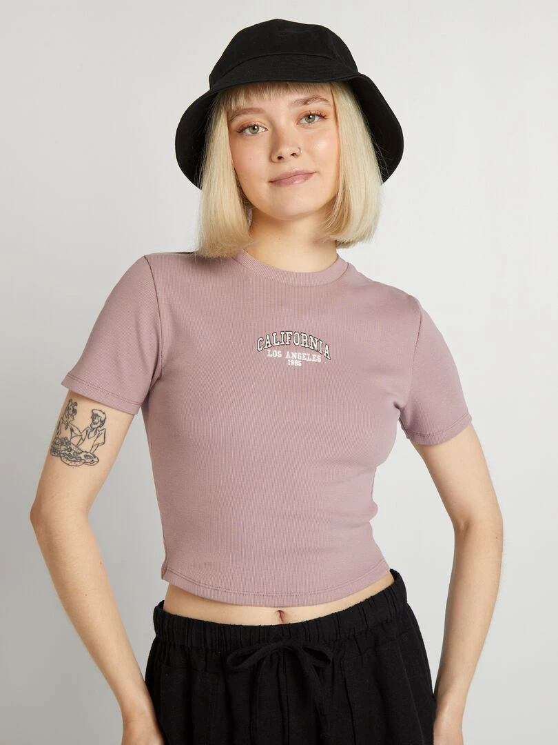 Crop top côtelé uni 'California'   Rose
