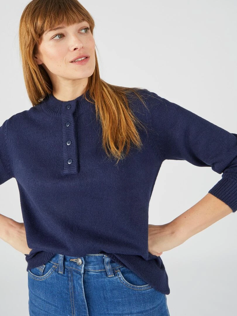 Pull col montant boutonné Damart Bleu marine