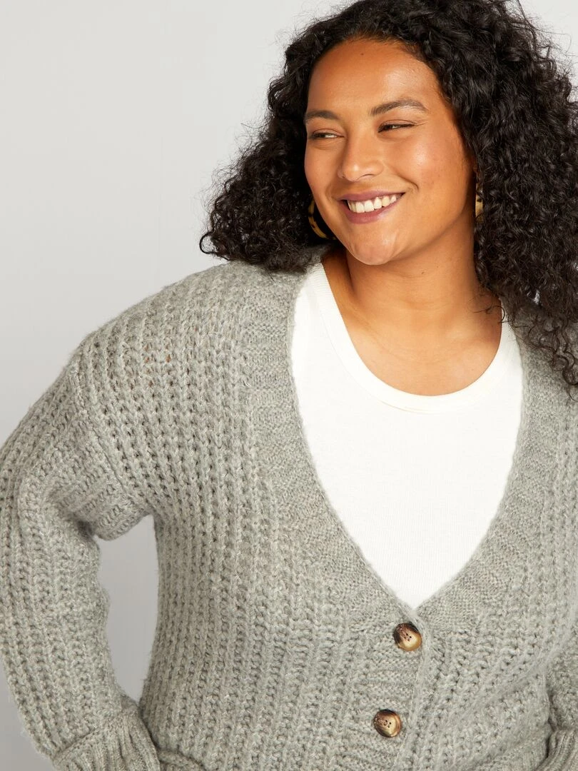 Gilet col V en maille grosse jauge   Gris