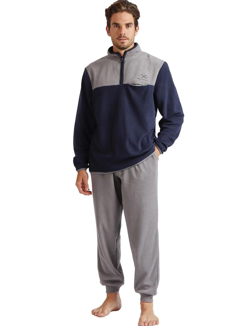 Pyjama micropolaire tenue d'intérieur pantalon et haut Sport Bleu marine