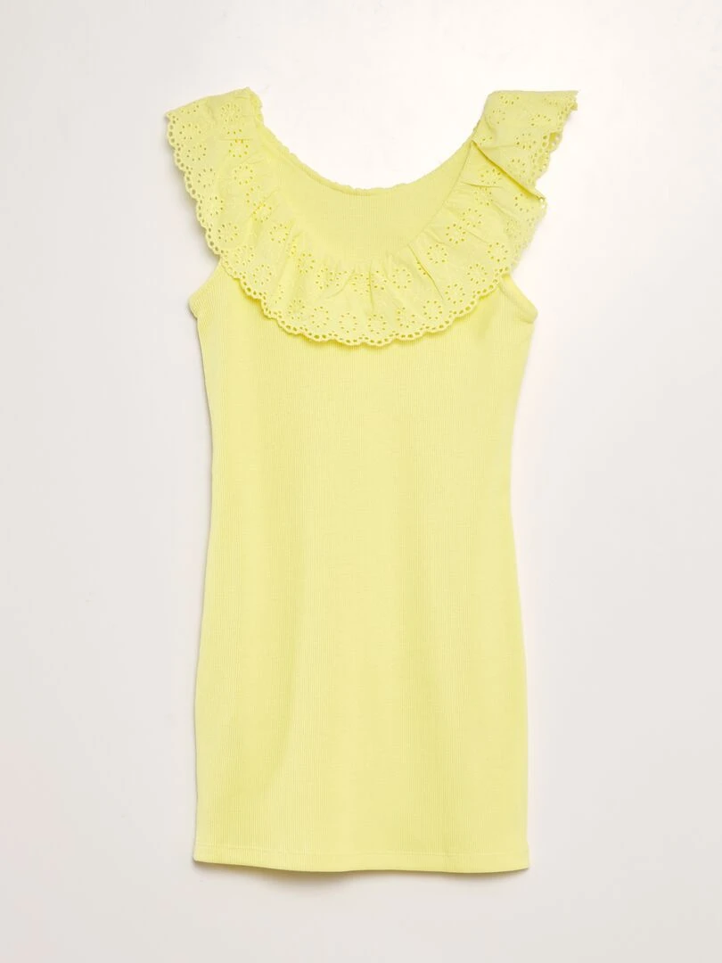 Robe côtelée avec large col brodé jaune