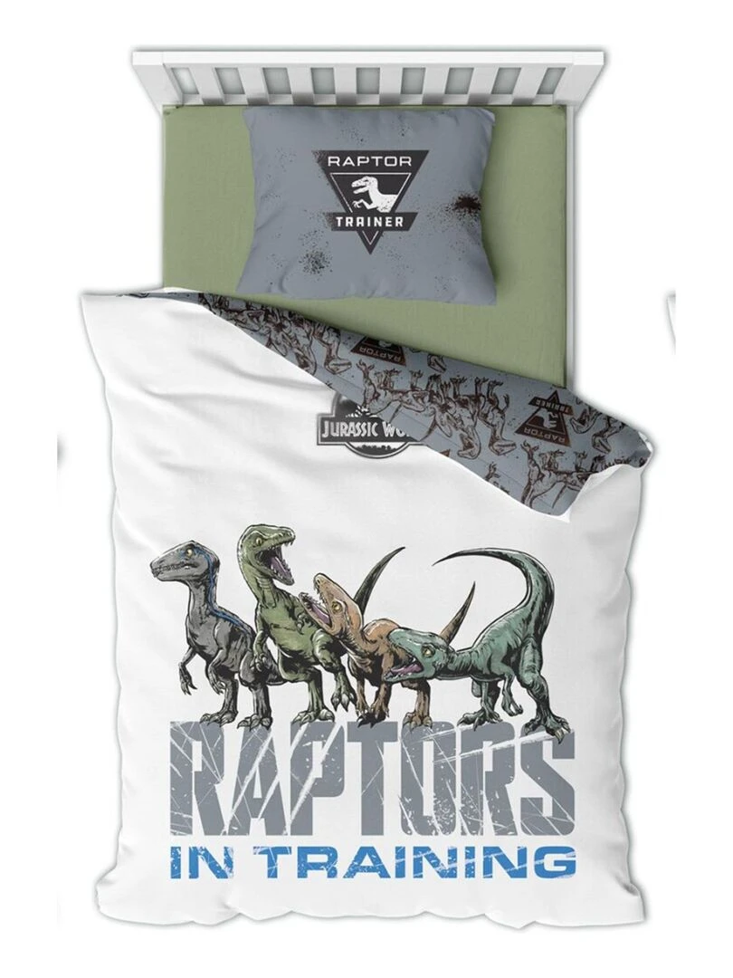 Parure de lit coton Enfant Dinosaures Raptors Blanc