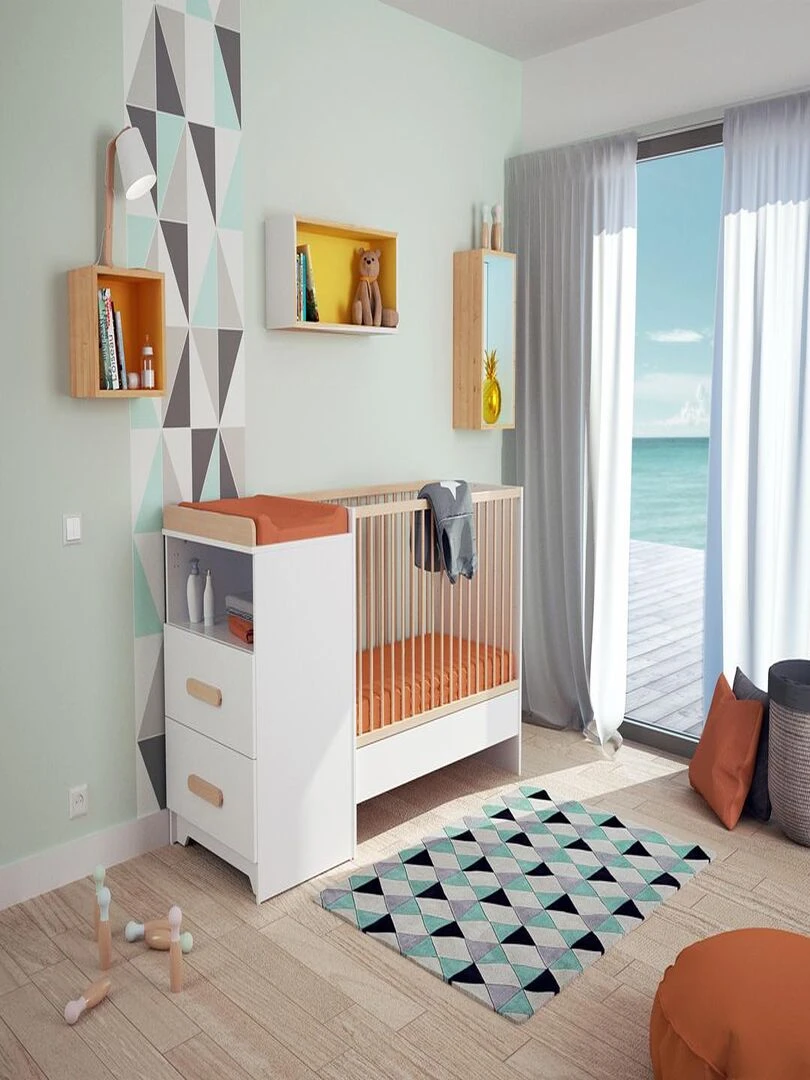 AT4    Combiné lit bébé évolutif Gavroche en bois Blanc et Hêtre 60 x 120 cm   Marron clair