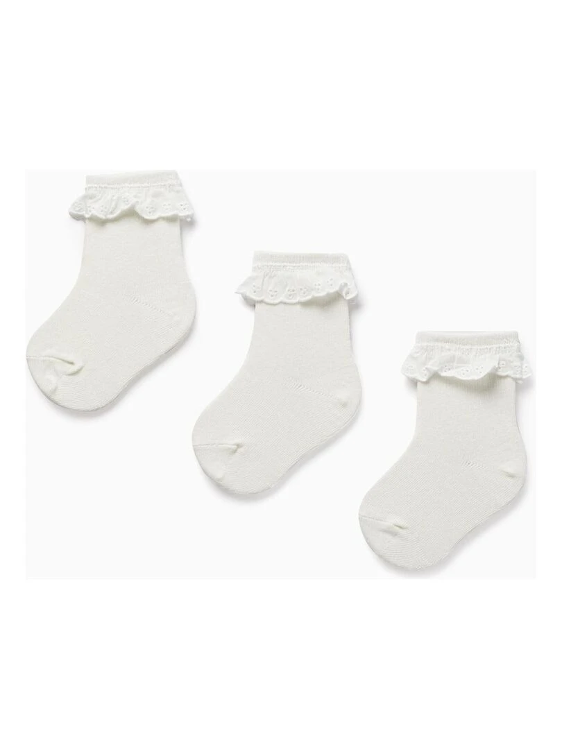 Pack 3 Paires de Chaussettes avec Broderie Anglaise pour Bébé Fille ESSENTIALS LINE Blanc