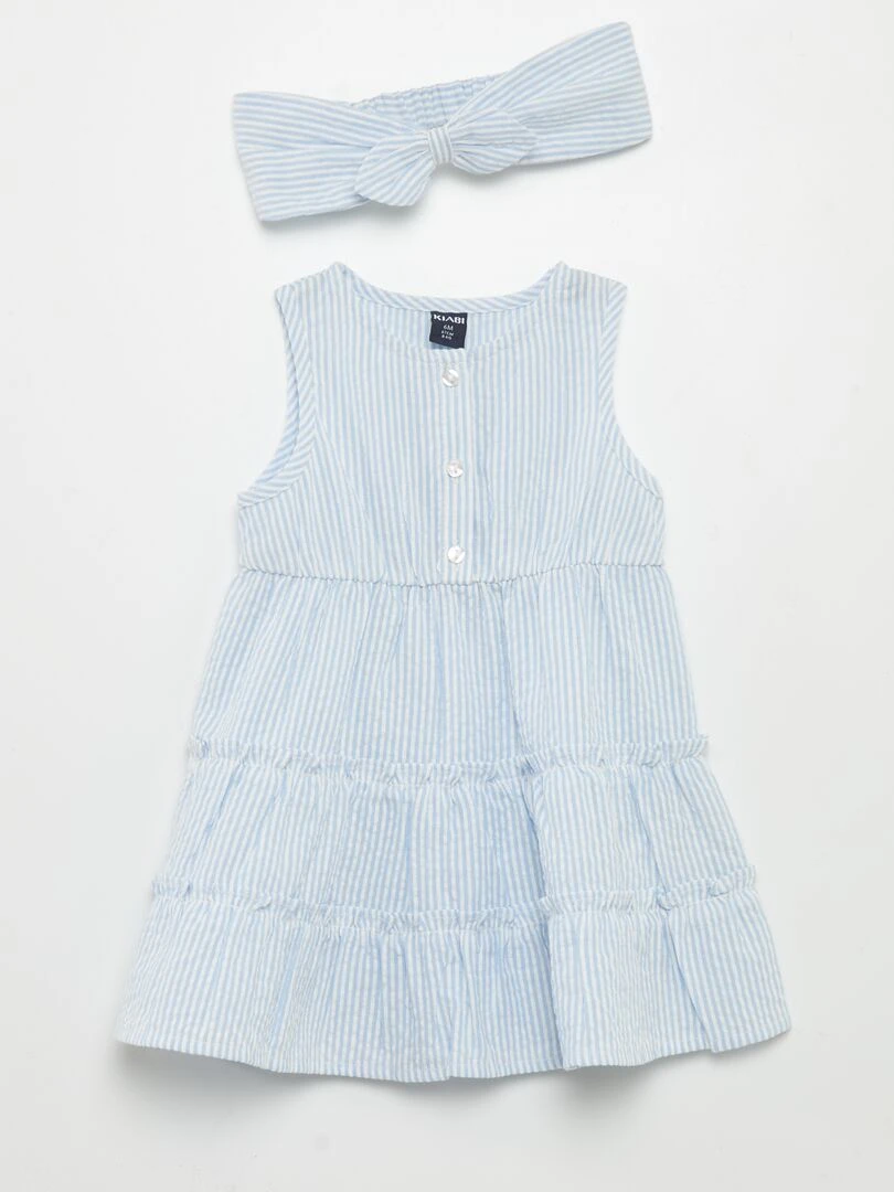 Robe volantée + bandeau en seersucker Bleu