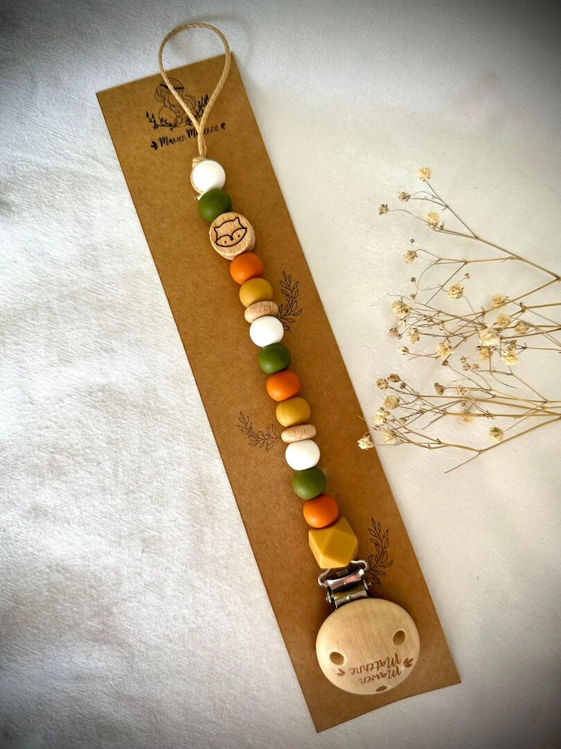 Attache tétine bois et silicone 'Renard'   Kaki