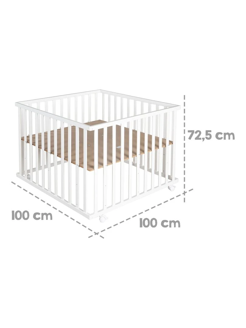 ROBA Parc Bébé Carré en Bois "Adam & Eule" + Tapis de Parc et Roues à Freins   Blanc   Blanc