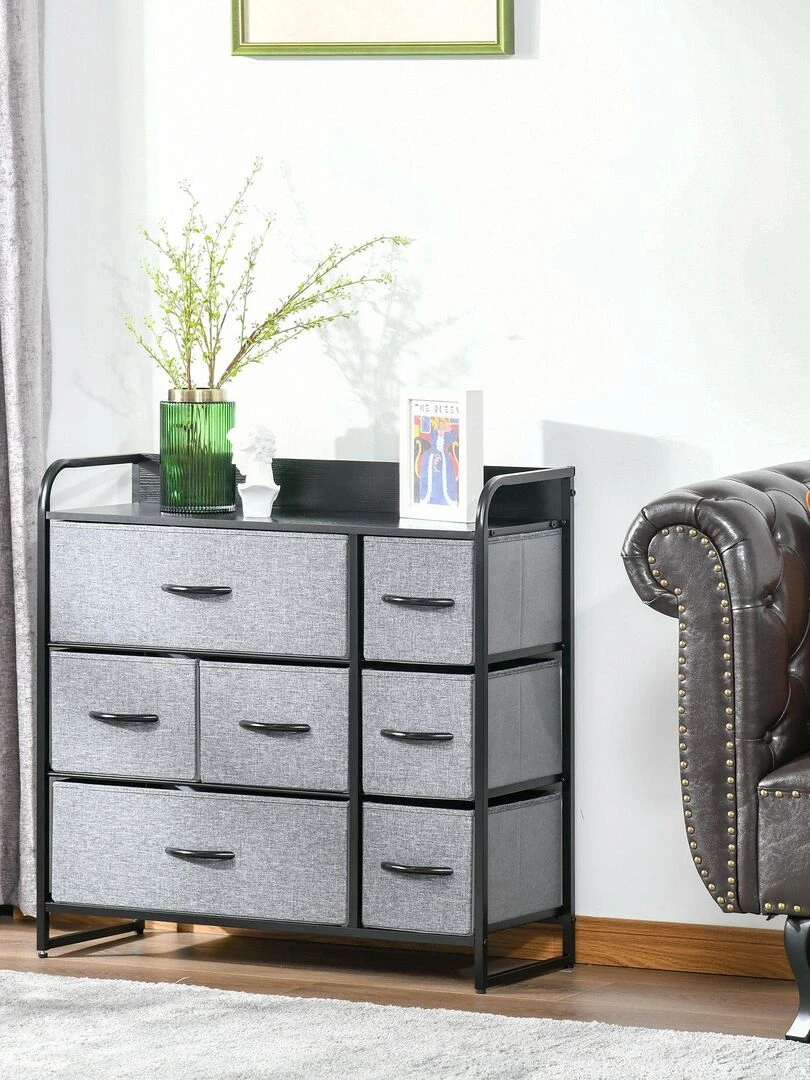 Rangement commode 7 tiroirs plateau acier MDF noir non tissé gris Gris